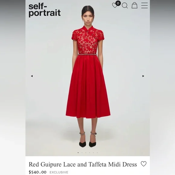 Self Portrait Red Guipure Lace and Tafetta Midi Dress